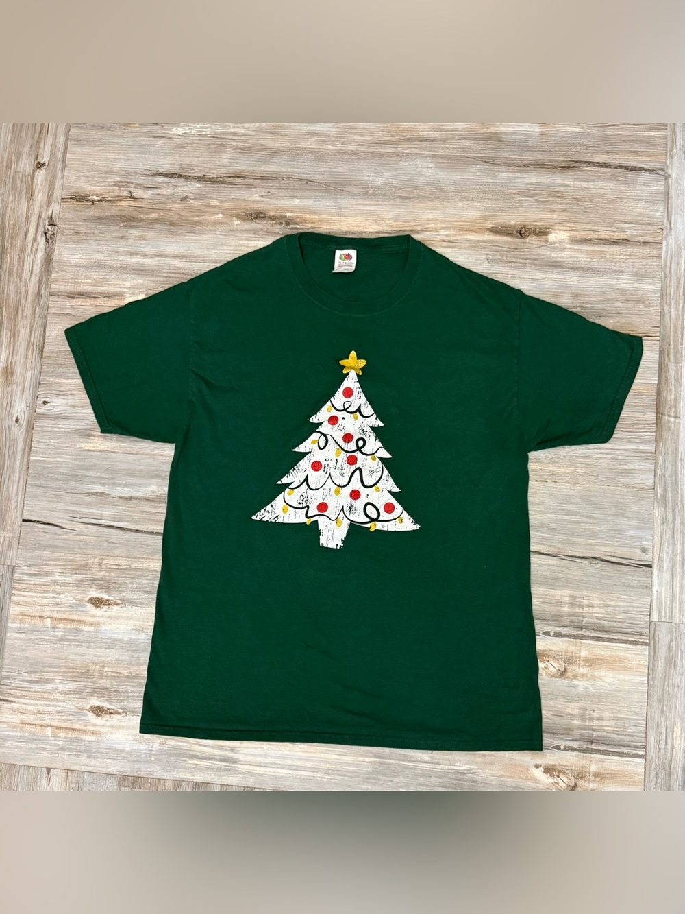 Christmas Tree Graphic T-Shirt Men’s Large Crewneck Fruit of the Loom Dark Green